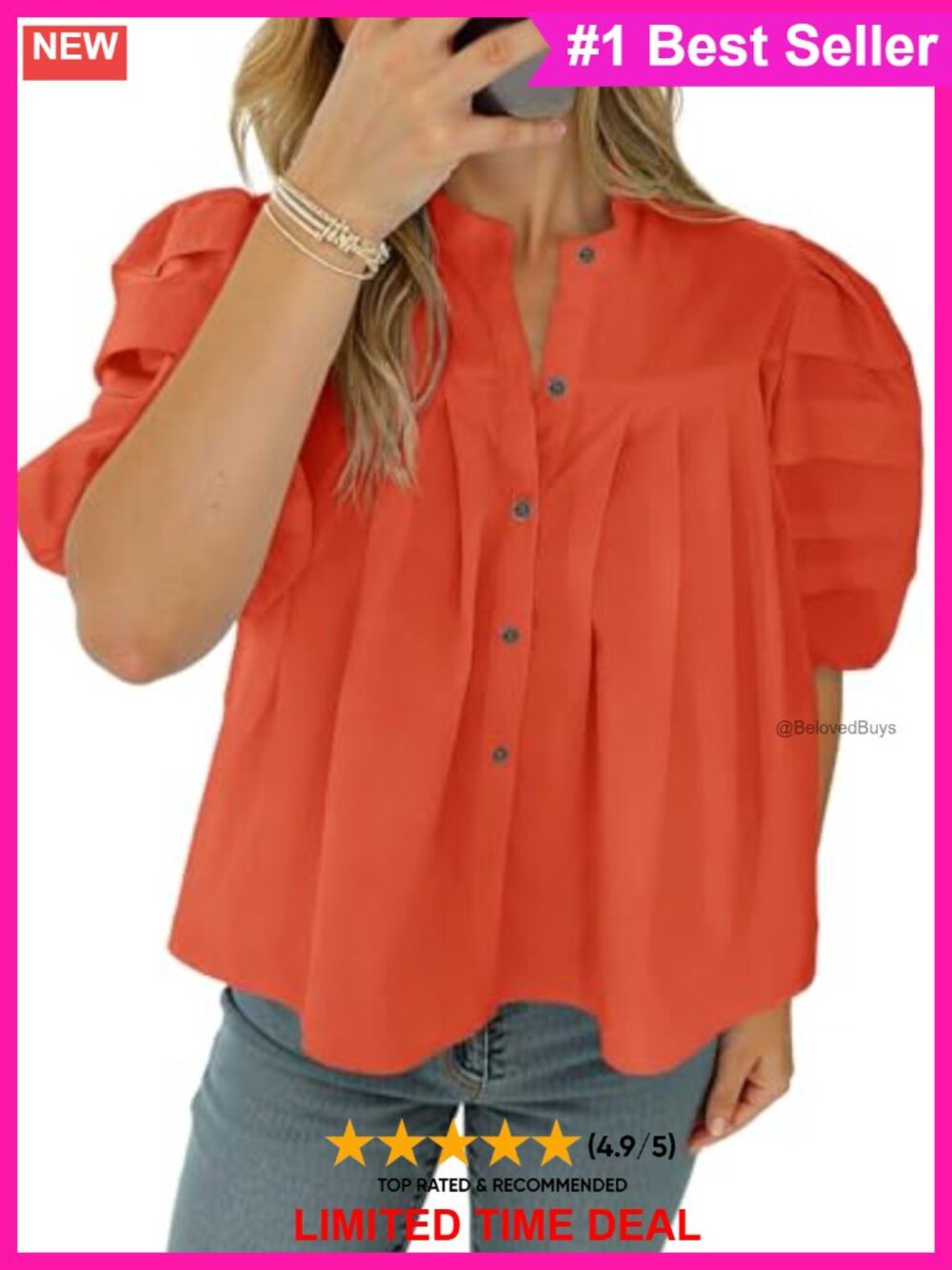 Puff Sleeve Button Down Babydoll Blouse Pleated Casual Top